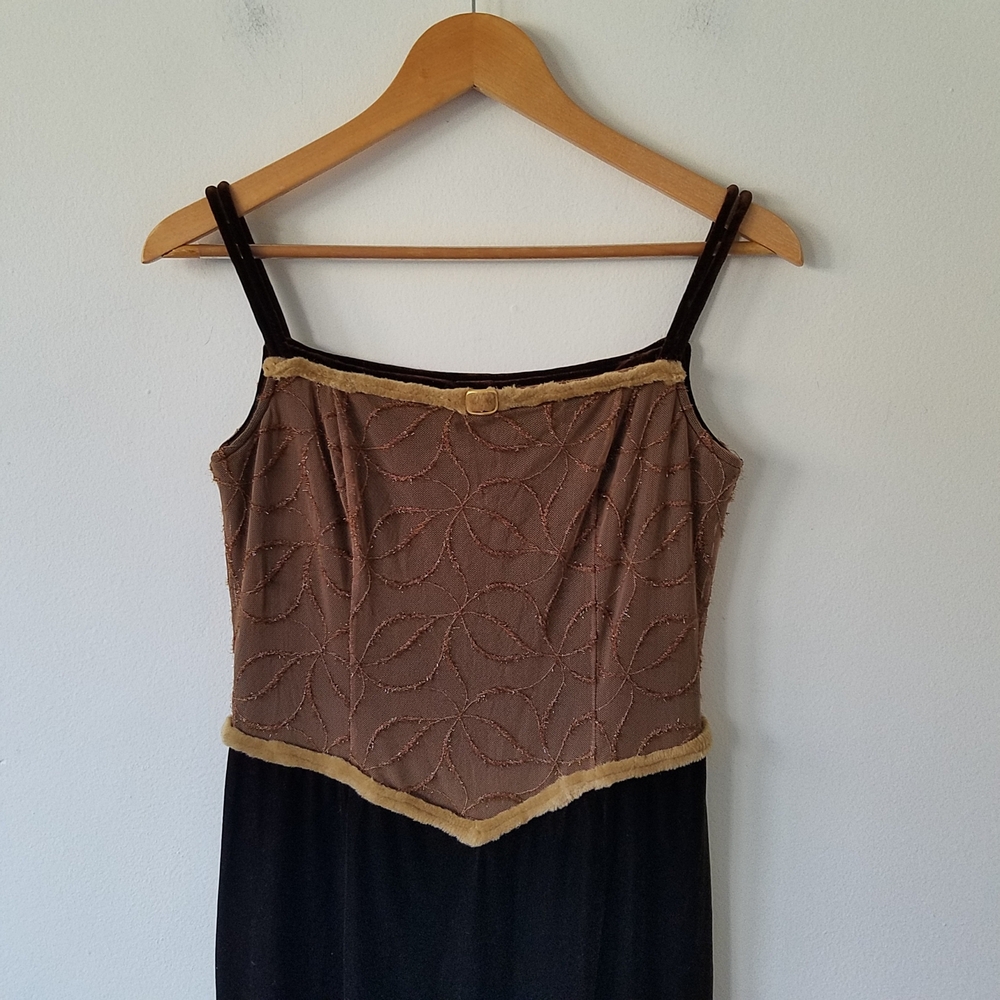 Vtg Y2K Velvet Mesh Square Neck Grunge Whimsigoth Midi Brown Dress - Picture 6 of 16